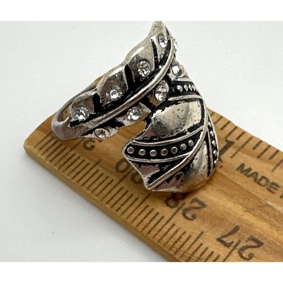 Boho Chic Leaf Motif Wrap Ring Distressed Silver Tone Rhinestones Whimsy Fairy - Picture 10 of 10